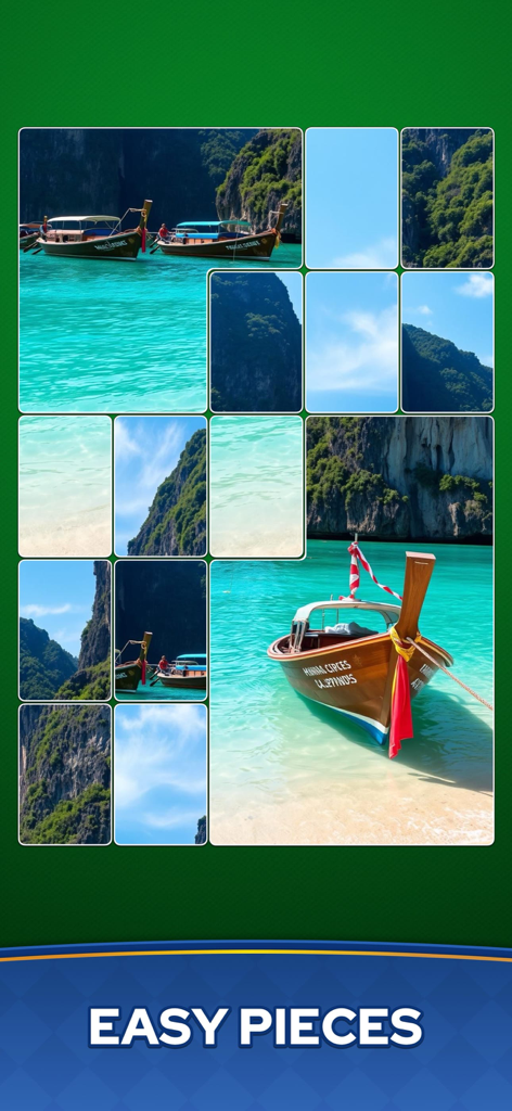 Jigsaw Solitaire Puzzle - Captura de pantalla del juego de un puzle de solitario con rompecabezas que presenta una playa tropical con barcos y piezas de cartas fáciles de mover