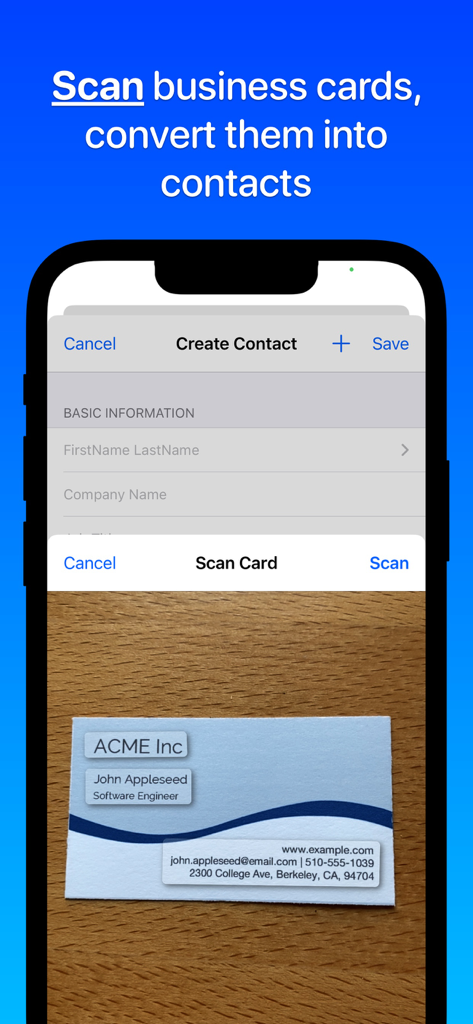 Smartphone screen displaying the business card scanner feature of Contacts Journal CRM app.