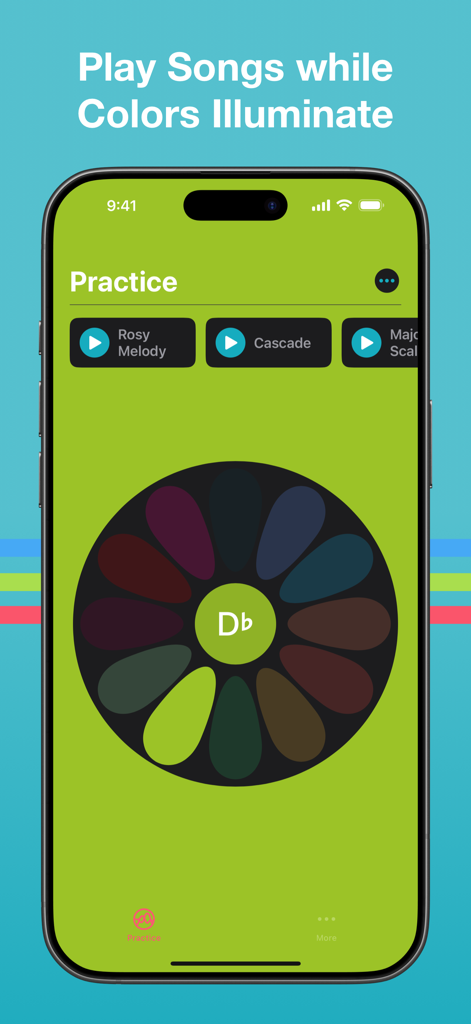 Perfect Pitch — Synesthesia - La pantalla de práctica de la aplicación Perfect Pitch presenta una interfaz circular colorida para el reconocimiento de notas a través de la sinestesia.