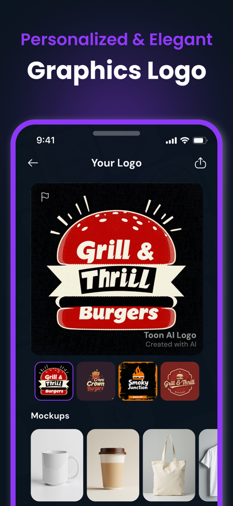 Ein Screenshot der AI Logo Creator App, der ein Burger-Logo und Mockups für Merchandise-Branding zeigt