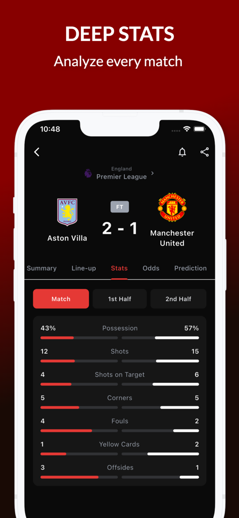Sporium - Live Football Scores - Sporium mobile app interface showing detailed football match statistics and ball possession for a Premier League game.