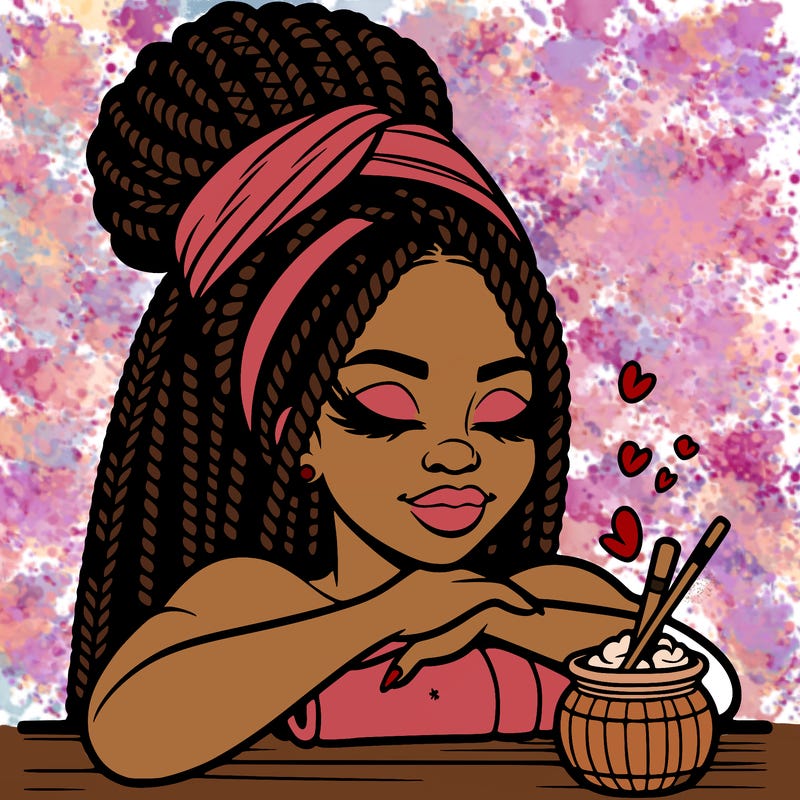 a black woman that looks realistic with braids tied in a bun having a self care day at the spa