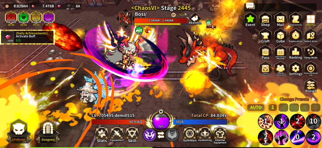Demigod Idle: Rise of a legend - Action RPG gameplay of a demigod character battling a giant red dragon boss with flashy 2.5D graphics in Demigod Idle Rise of a Legend