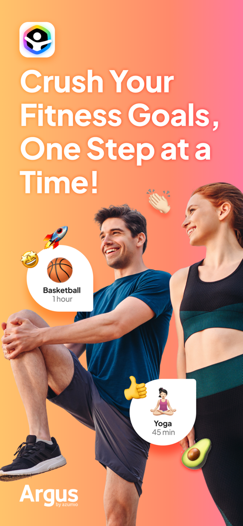 Un hombre y una mujer haciendo ejercicio con íconos de seguimiento de actividad para baloncesto y yoga de la aplicación Argus