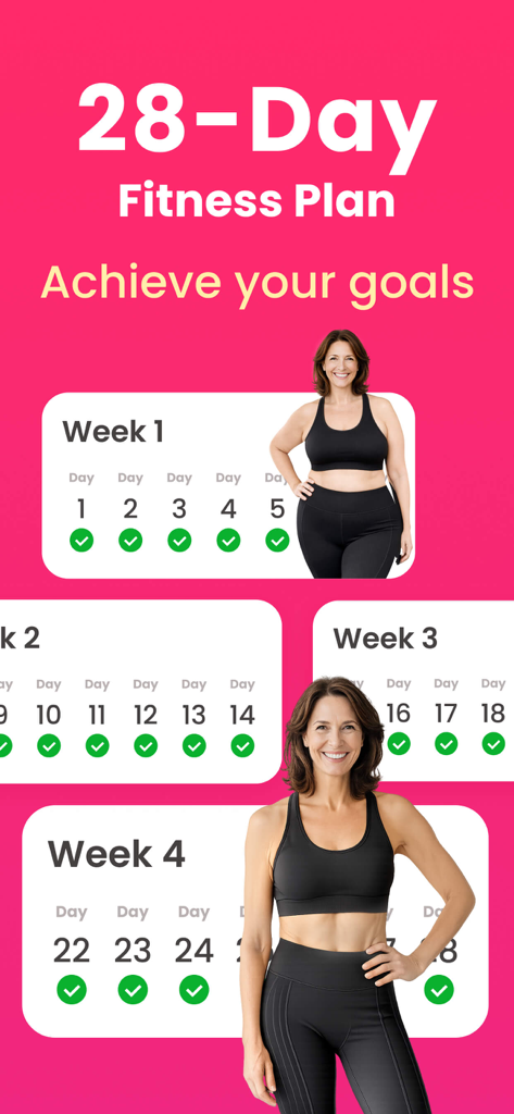 EasyFit AI-Home Workout - EasyFit-App-Bildschirm, der einen 28-tägigen Fitnessplan mit wöchentlicher Trainingsfortschrittsverfolgung und Körpertransformationsergebnissen zeigt