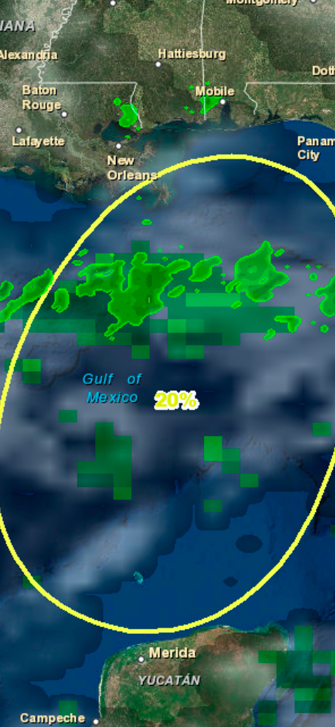 Atlantic Hurricane Tracker app showing a 20 percent chance of tropical development in the Gulf of Mexico with satellite imagery and cloud cover.