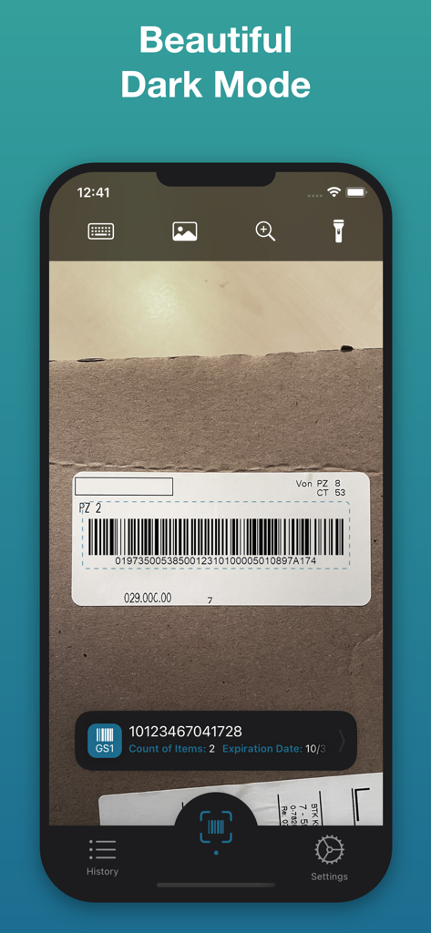 Pretty GS1 Barcode Scanner app interface in dark mode scanning a barcode on a cardboard box