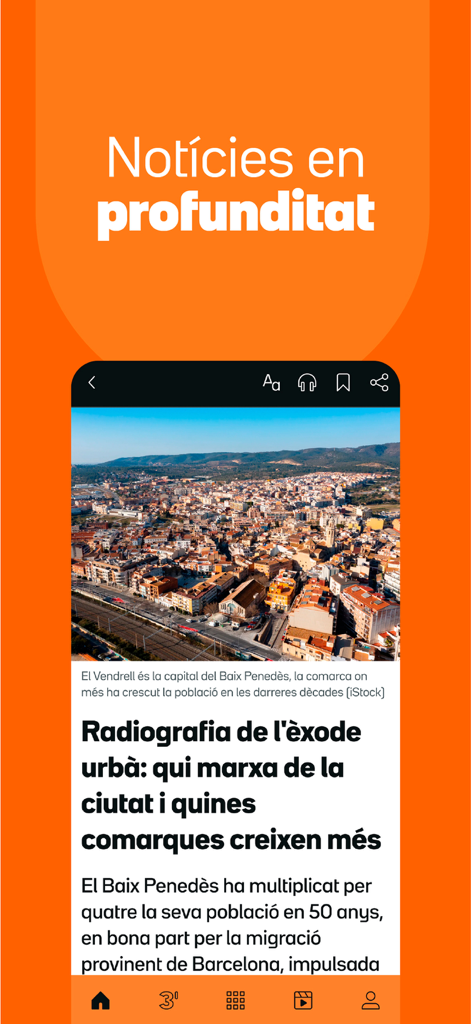 3CatInfo - Interface de l'application mobile 3CatInfo affichant un article d'actualité approfondi avec une image de paysage urbain