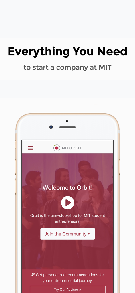 MIT Orbit app welcome screen showing resources for student entrepreneurs at MIT