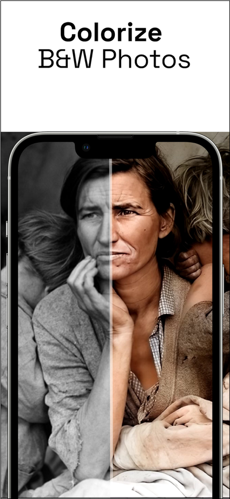 A side-by-side comparison of a black and white portrait being colorized using AI