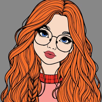 girl with long hair and freckles and glasses realistic