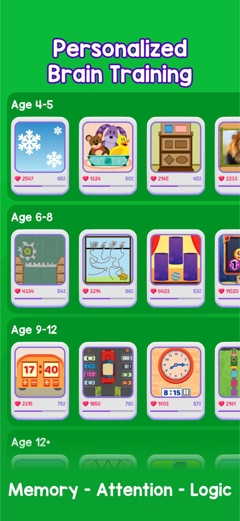 MentalUP app interface showcasing various educational games for kids divided into age groups from 4 to 12 plus