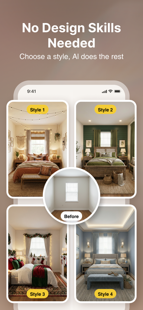 HomeGPT：AI Interior Design - Four different bedroom design styles generated by HomeGPT AI from an empty room photo