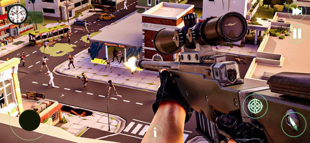 Sniper Zombie Hunting 3D Games - First person view of a sniper rifle aiming at zombies in a city street