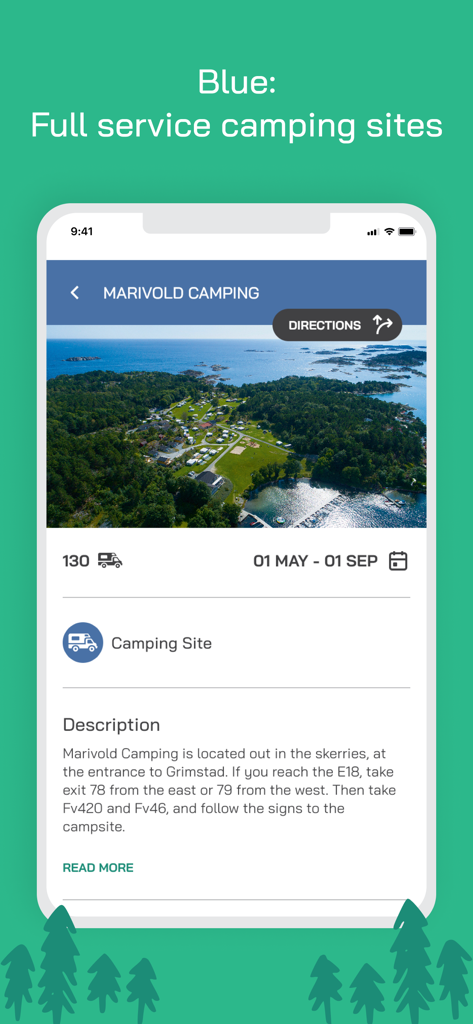 Screenshot der Campersite Norwegen App mit detaillierten Informationen und einem Drohnenfoto für Marivold Camping