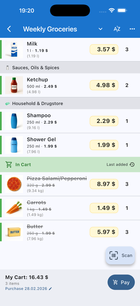 La interfaz de la aplicación Einkaufix muestra una lista de compras con imágenes de productos, precios y un presupuesto total en tiempo real