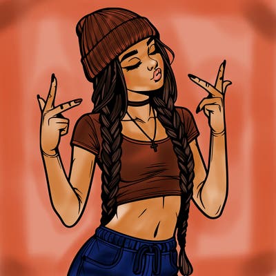 realistic teenage girl with braids and a beanie and crop top doing 🫶🏼