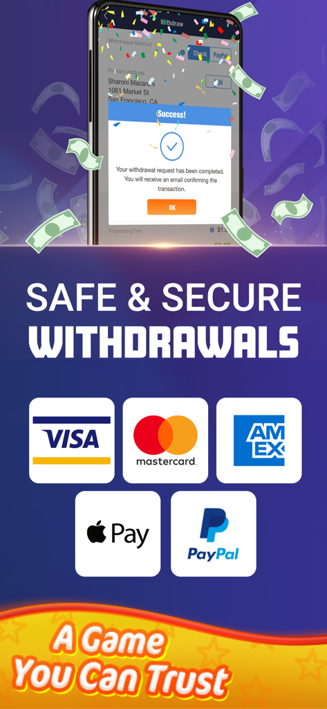 Real Money Cooking Skillz Game - Pantalla que muestra opciones de retiro seguras que incluyen Visa Mastercard Apple Pay y PayPal