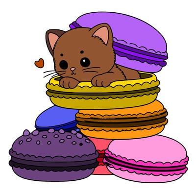 a kitten popping out of a stack of pastel macarons