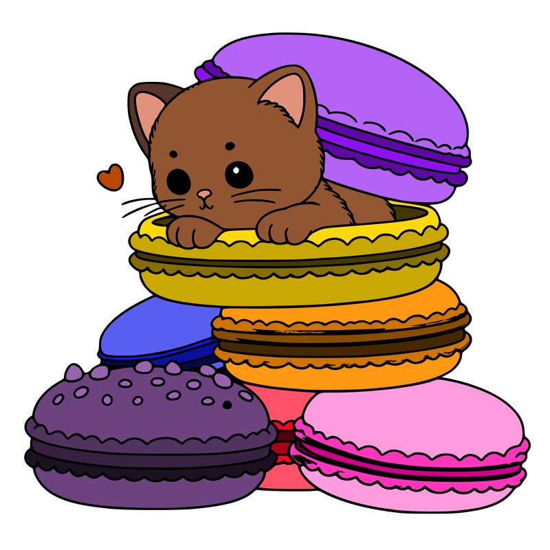 a kitten popping out of a stack of pastel macarons