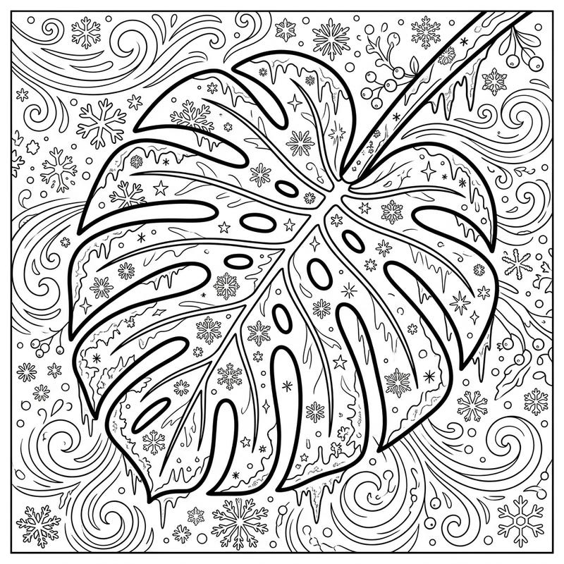 Dive into a unique winter scene with this beautiful Monstera Leaf coloring page, intricately designed with frosty details and delicate snowflakes. Perfect for a cozy coloring session, it blends tropical charm with the serene beauty of a winter wonderland.