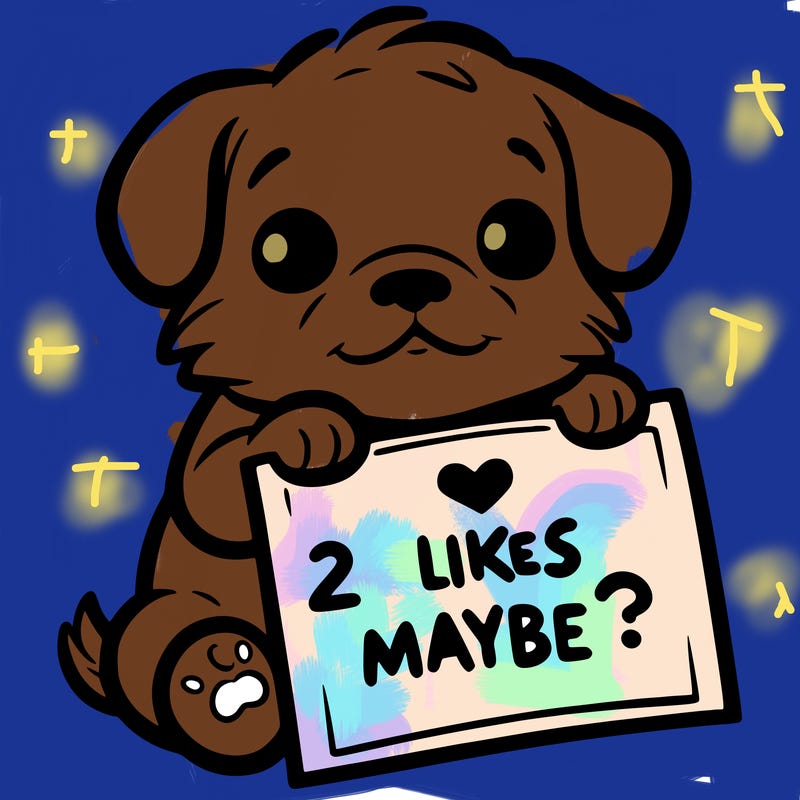 a puppy holding a sign that says 2 likes maybe?