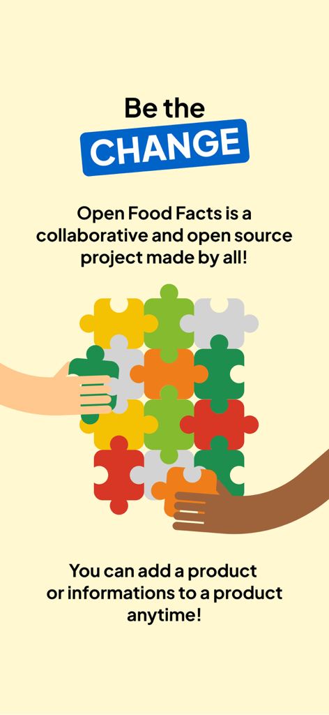 An illustration showing hands of different skin tones assembling colorful puzzle pieces with text highlighting the collaborative nature of the Open Food Facts project.