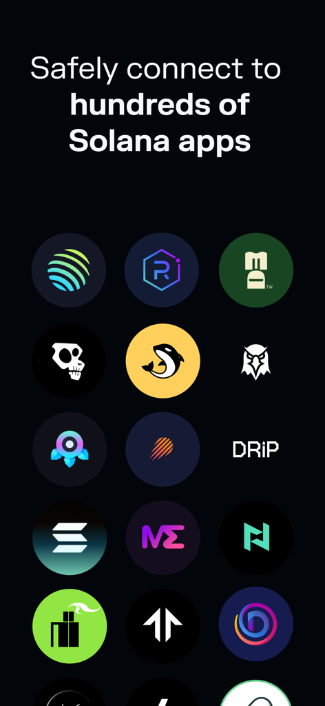 Solflare - Solana Wallet - Solflareアプリのインターフェース。統合されたSolana分散型アプリケーションのグリッドとエコシステムのロゴが表示されています。