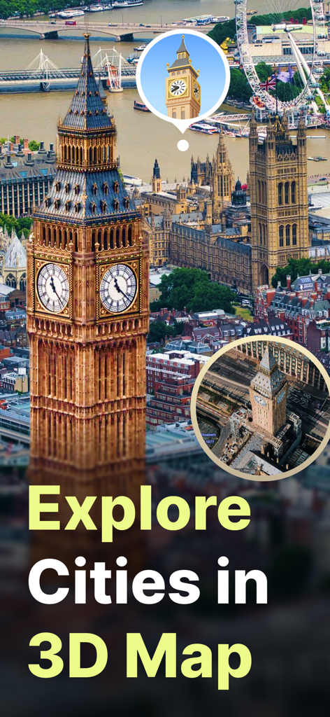 Une vue cartographique 3D de Big Ben à Londres présentant la fonctionnalité d'exploration de villes de l'application Street View