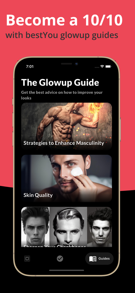 BestYou AI - Face rate & Umax - BestYou AI app interface showing The Glowup Guide with sections for masculinity strategies skin quality and facial bone structure