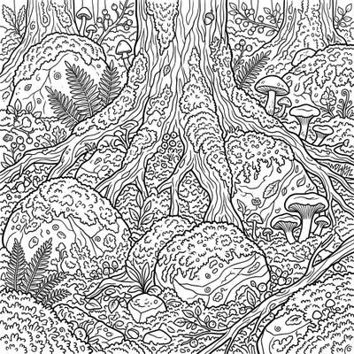 Immerse yourself in the calming details of this mossy forest floor coloring page, specially designed for seniors. Featuring large print outlines and abundant natural textures, it offers a relaxing and engaging artistic escape.