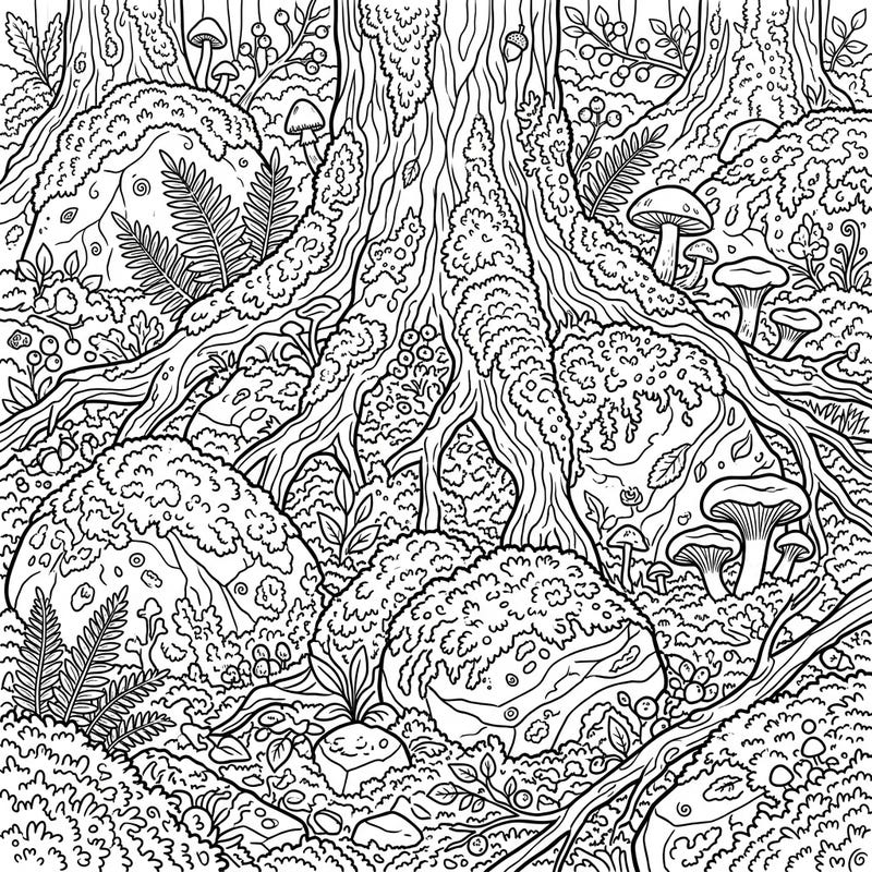 Immerse yourself in the calming details of this mossy forest floor coloring page, specially designed for seniors. Featuring large print outlines and abundant natural textures, it offers a relaxing and engaging artistic escape.