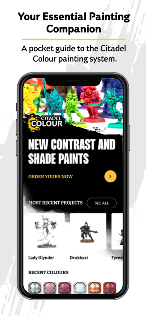 Citadel Colour: The App - Citadel Colour app home screen showing miniature painting projects and paint guides.