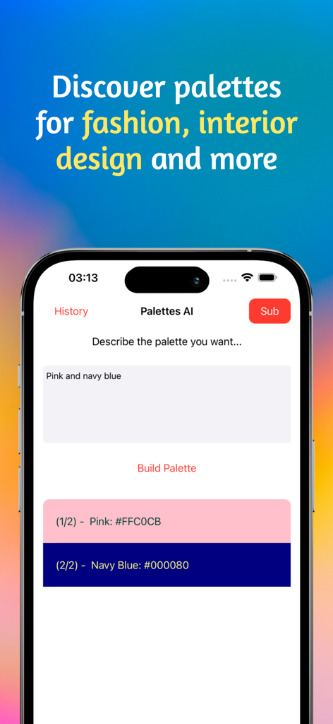 Color Palette Generator AI - iPhone に、生成されたピンクとネイビー ブルーのカラー スキームを持つ Color Palette Generator AI アプリのインターフェイスが表示されています