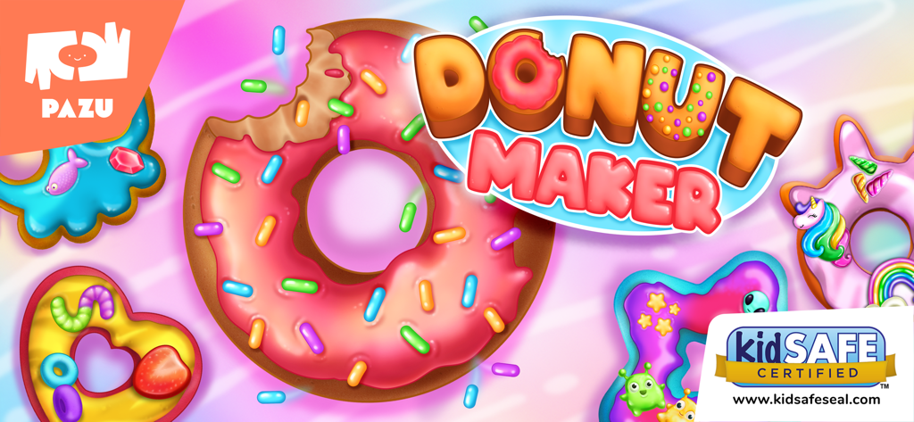 Colorful promotional banner for Donut Maker Kids Cooking Games featuring decorated donuts and the kidSAFE certification seal.