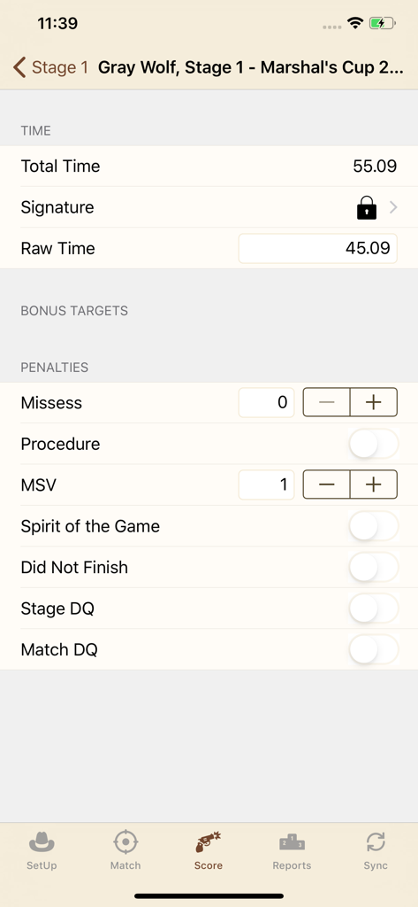 Scoring-Oberfläche für eine Cowboy Action Shooting-Match-Bühne mit Zeit- und Strafpunkten