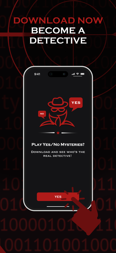 Écran promotionnel du jeu de détective Yes or No montrant une silhouette de détective rouge et des bulles de dialogue oui ou non.