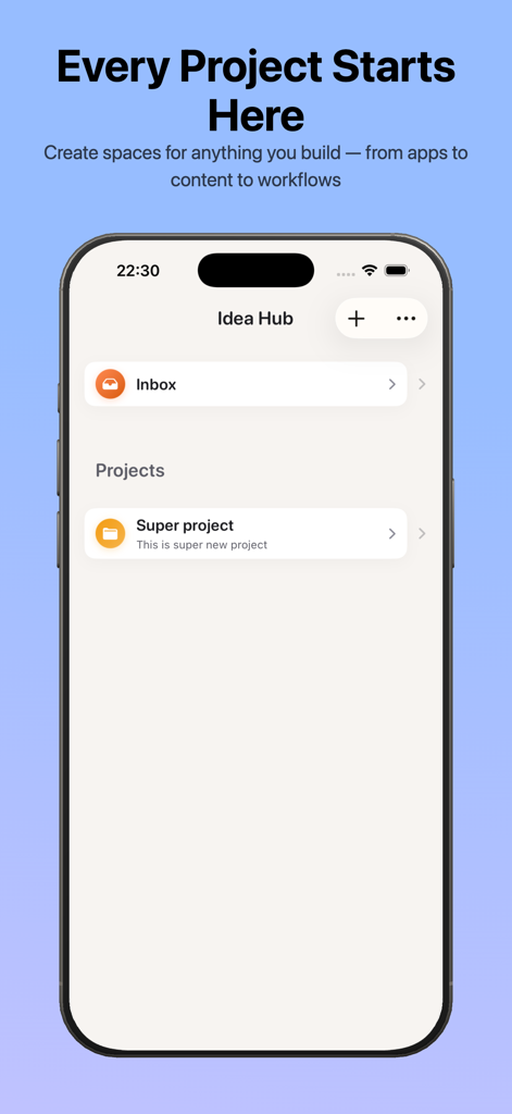 Planelo mobile app interface showing the Idea Hub with Inbox and project list on iPhone.