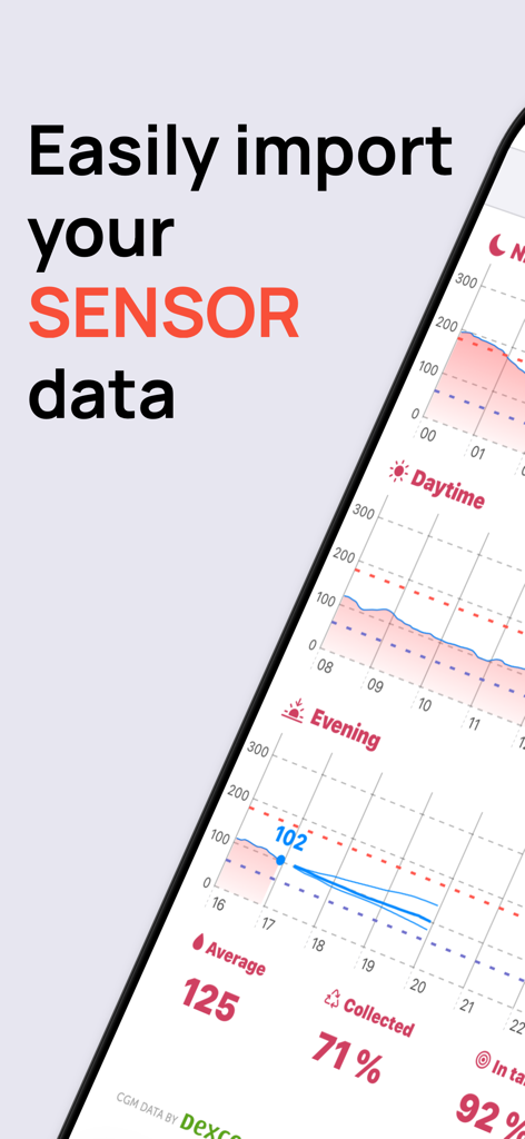 Interfaz de la aplicación de diabetes Diabeto Log mostrando la importación de datos del sensor de glucosa en sangre y gráficos