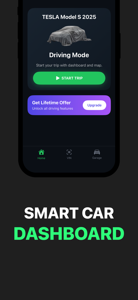 Car Play Connect app interface showing the smart car dashboard and driving mode for a Tesla vehicle