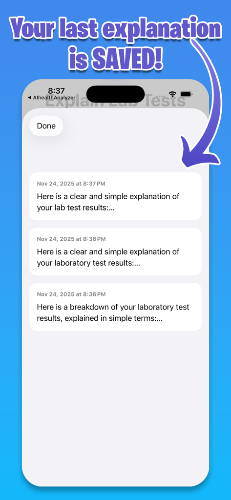 A list of saved AI health analysis results showing clear explanations of lab test reports in the app history.