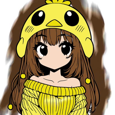 anime girl with chick shaped hat with sweater with bare shoulders with bangs covering them one eye with low tail