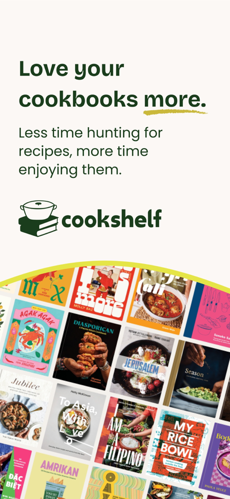 CookShelf: Search Cookbooks - Pantalla promocional de la aplicación CookShelf que muestra una cuadrícula de portadas de libros de cocina populares con el texto: Ama más tus libros de cocina