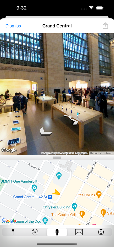POIViewer - POIViewer app split screen showing Google Street View of Grand Central and its location on a map