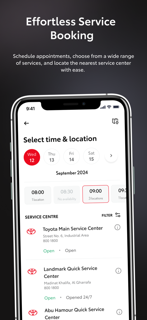 Toyota Qatar app service booking and location selection screen
