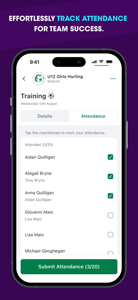 ClubZap app interface for tracking sports team training attendance with a player checklist