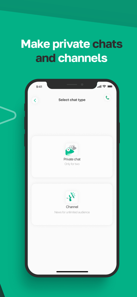 BeProg: Secure messenger - Interface do mensageiro BeProg mostrando opções de criação de chat privado e canal