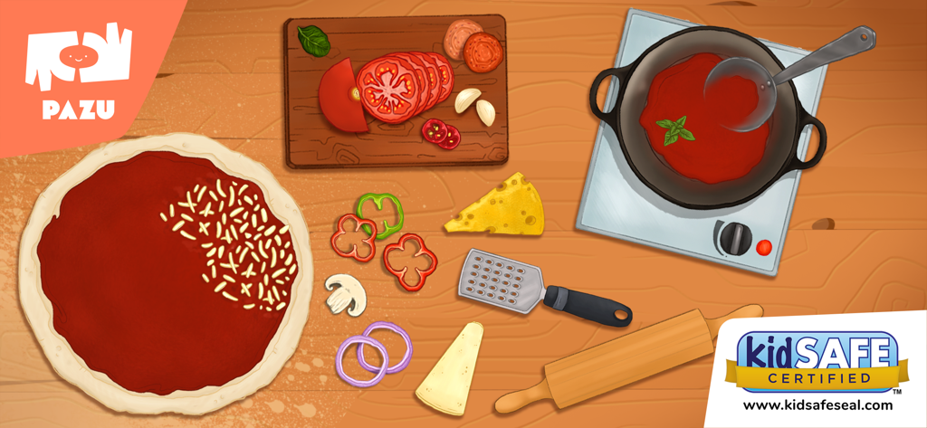 Pizza maker cooking games - Interfaz de un juego infantil de hacer pizza que muestra un mostrador de cocina con masa, salsa y varios ingredientes vegetales.