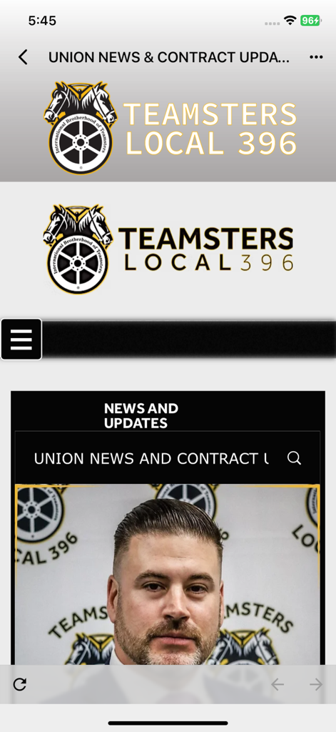 Teamsters 396 - Interface of Teamsters Local 396 app showing union news and contract updates