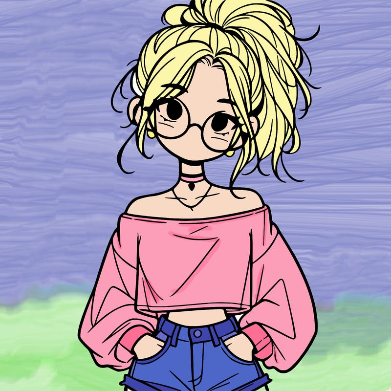 girl with a messy ponytail glasses a baggy crop top and jean shorts